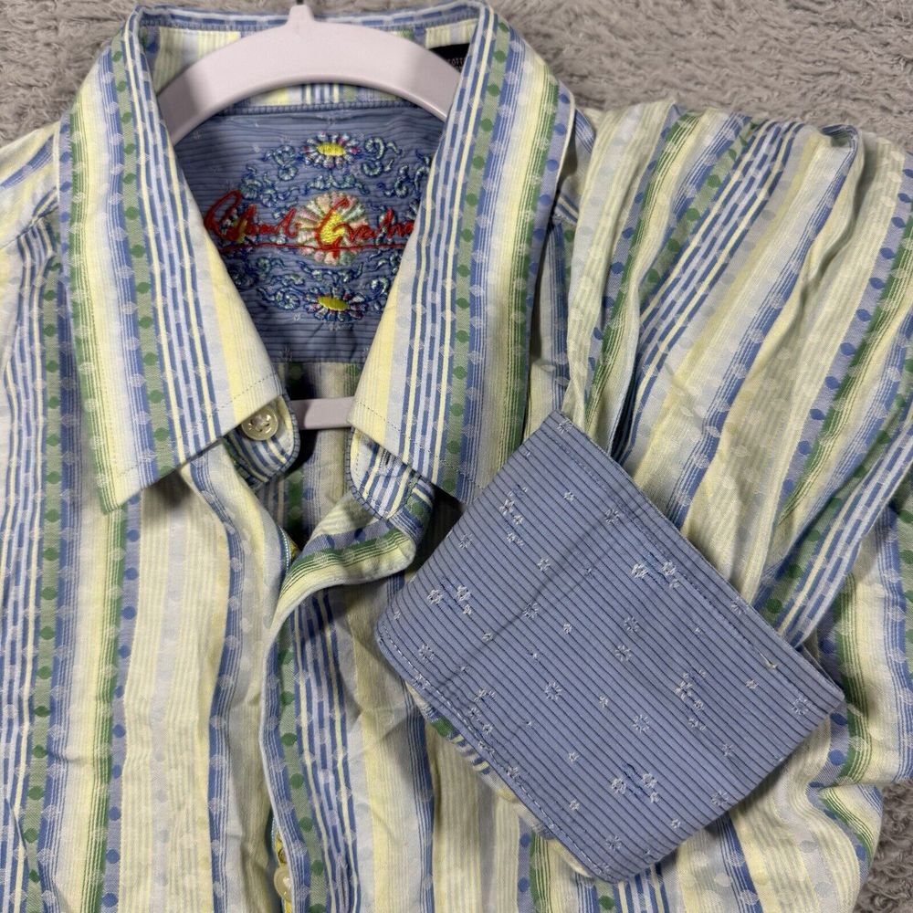 ROBERT GRAHAM Aqua Blue Stripes Embroidered Flip Cuff Shirt Size XL